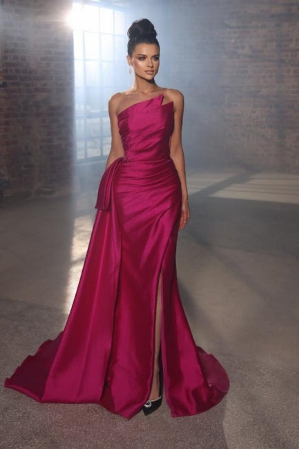 Vestidos de noche sencillos sin mangas, vestidos largos de fiesta fucsia con abertura