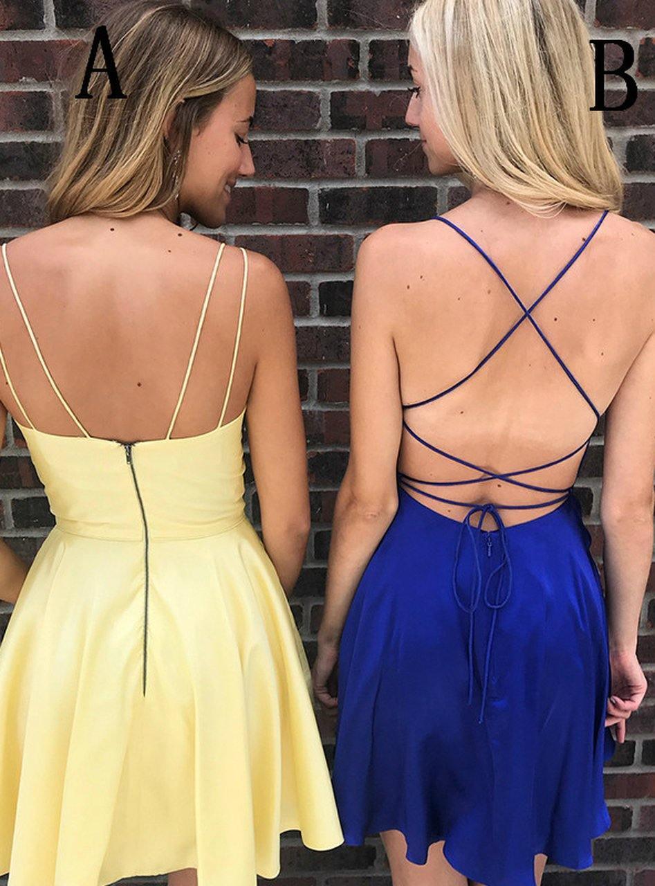 Robe de bal courte jaune/bleu roi à fines bretelles PD275