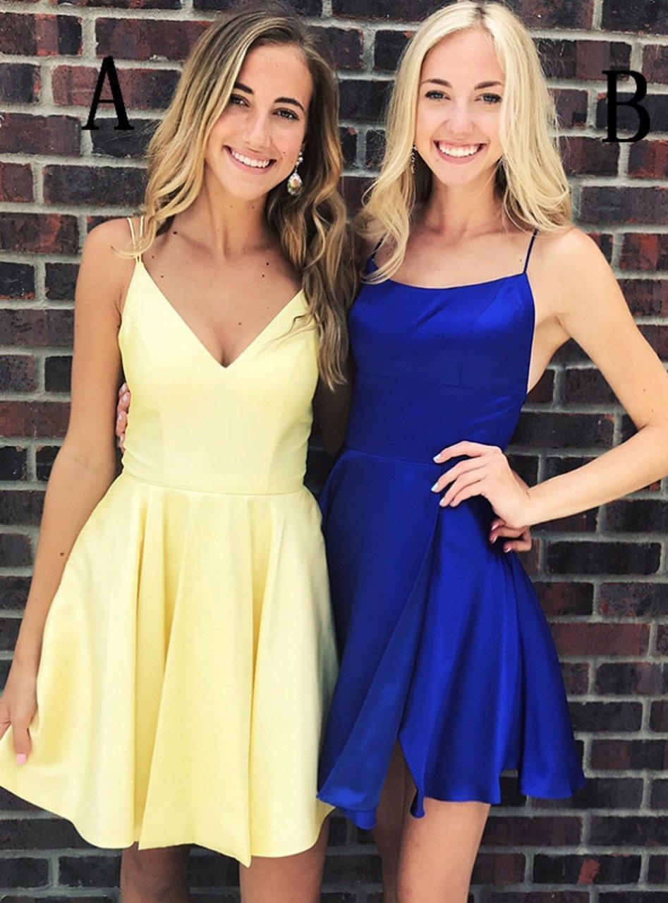 Robe de bal courte jaune/bleu roi à fines bretelles PD275
