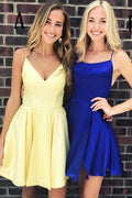 Robe de bal courte jaune/bleu roi à fines bretelles PD275