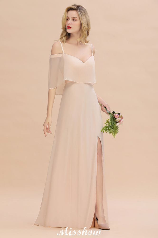 Robes de demoiselle d'honneur à fines bretelles et volants | Robes de soirée maxi sans manches, coupe trapèze, fente latérale