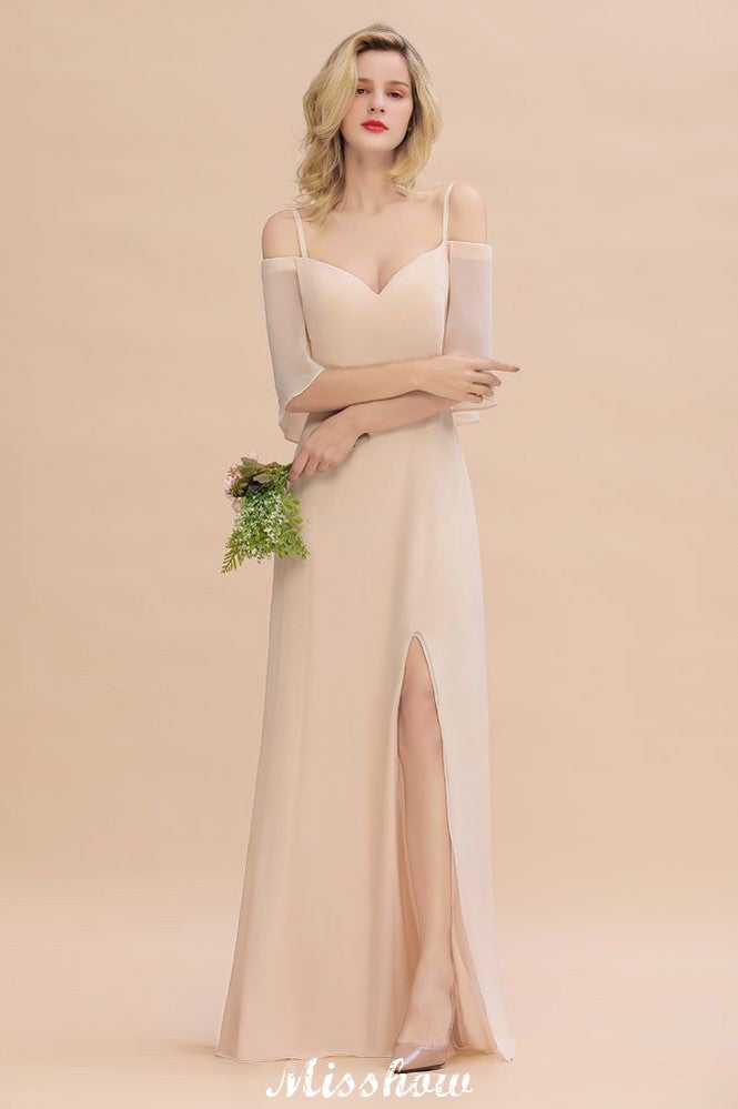 Robes de demoiselle d'honneur à fines bretelles et volants | Robes de soirée maxi sans manches, coupe trapèze, fente latérale