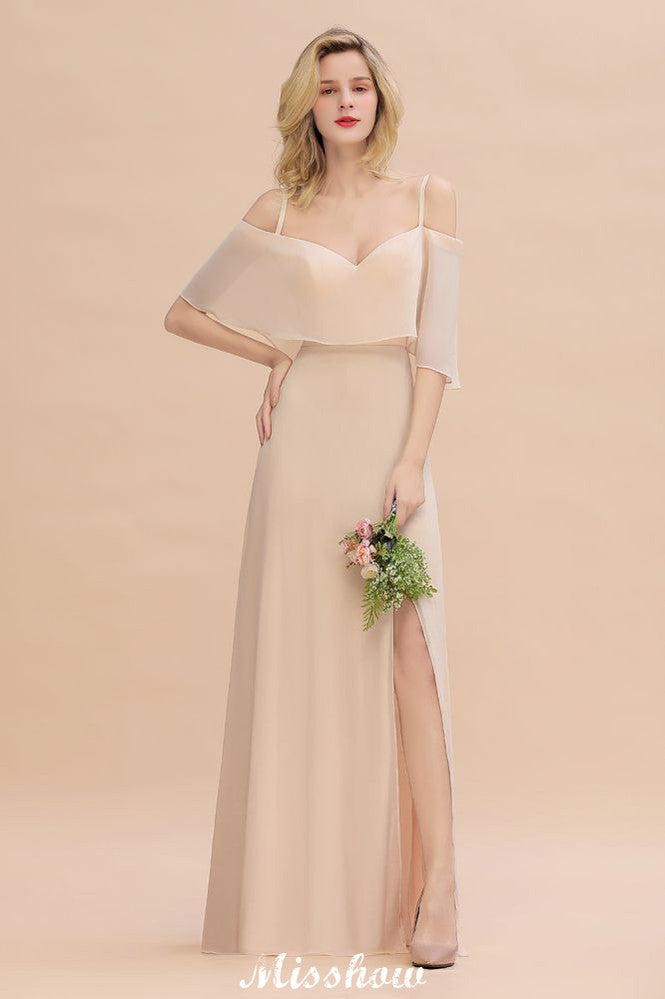 Robes de demoiselle d'honneur à fines bretelles et volants | Robes de soirée maxi sans manches, coupe trapèze, fente latérale