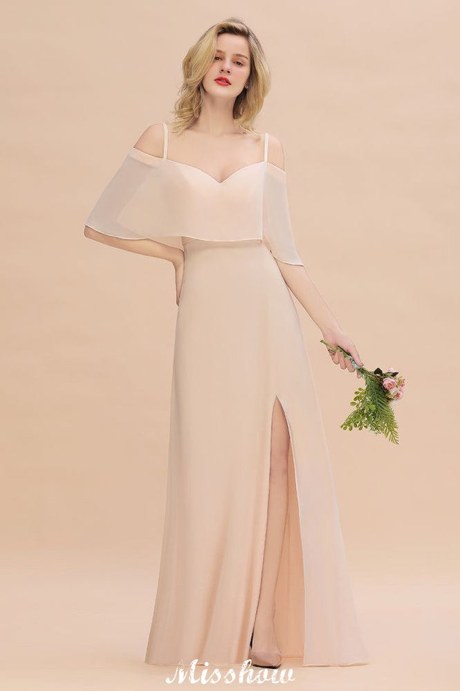 Robes de demoiselle d'honneur à fines bretelles et volants | Robes de soirée maxi sans manches, coupe trapèze, fente latérale