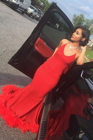 Vestidos largos de fiesta de sirena sencillos con escote en V y cola de piel