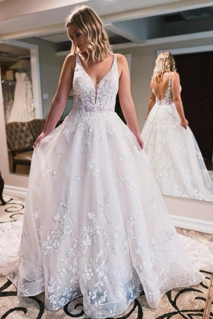 Robes de mariée simples à bretelles spaghetti, sans manches, coupe trapèze, en dentelle