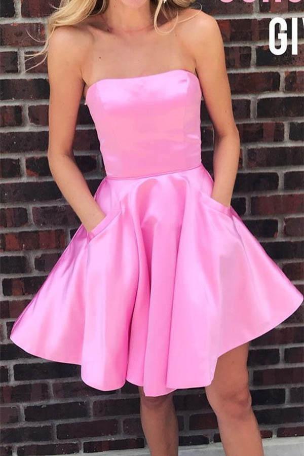 Vestido corto de fiesta amarillo sencillo sin tirantes con bolsillos PD322
