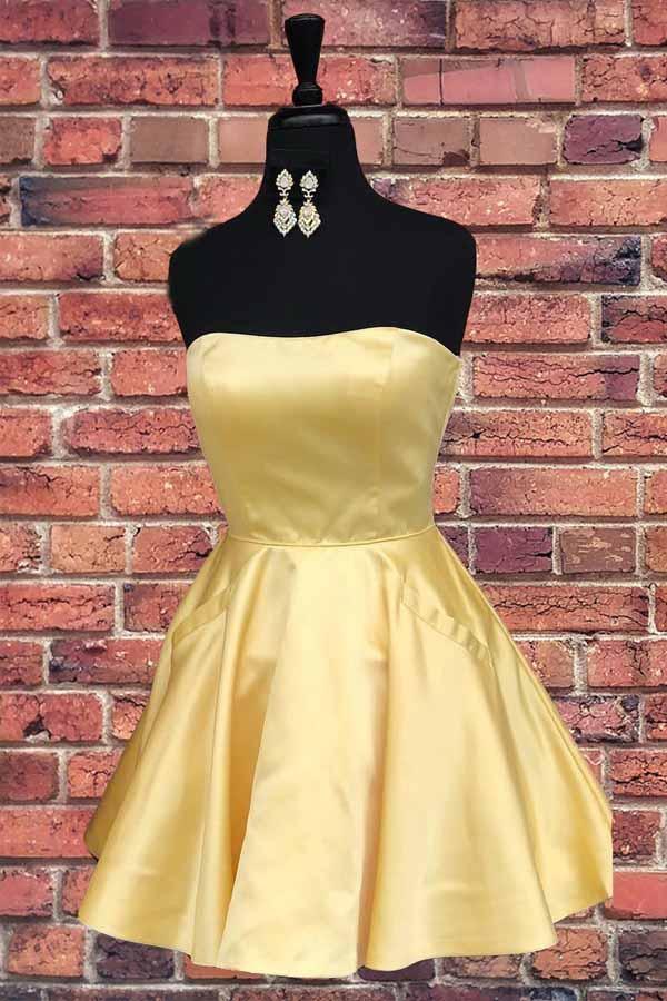 Vestido corto de fiesta amarillo sencillo sin tirantes con bolsillos PD322