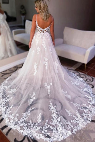 Vestidos de novia sencillos de encaje con escote corazón y espalda descubierta, corte en A