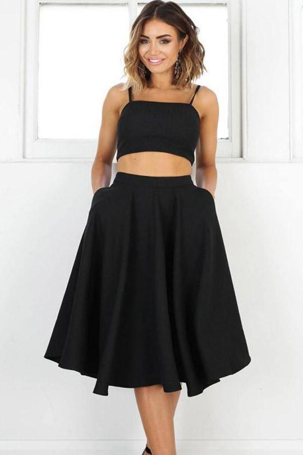 Robes de bal courtes noires deux pièces simples, robes de soirée PD110
