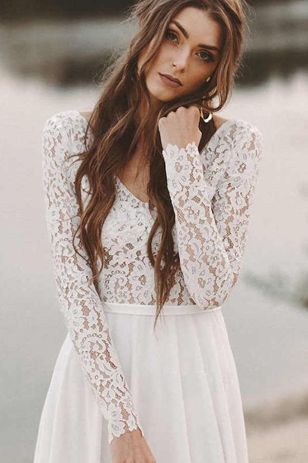 Vestidos de novia sencillos para la playa, con escote en V, espalda descubierta, mangas largas y encaje, modelo WD474