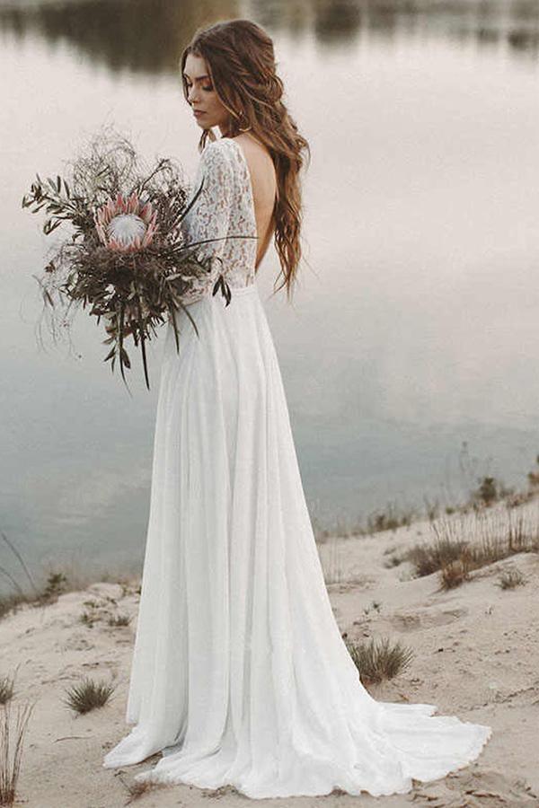 Vestidos de novia sencillos para la playa, con escote en V, espalda descubierta, mangas largas y encaje, modelo WD474
