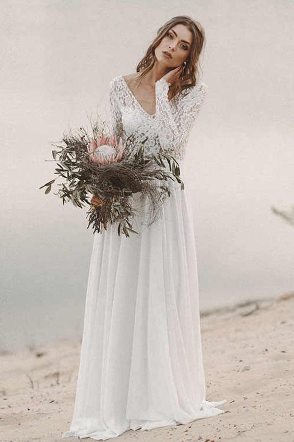 Vestidos de novia sencillos para la playa, con escote en V, espalda descubierta, mangas largas y encaje, modelo WD474
