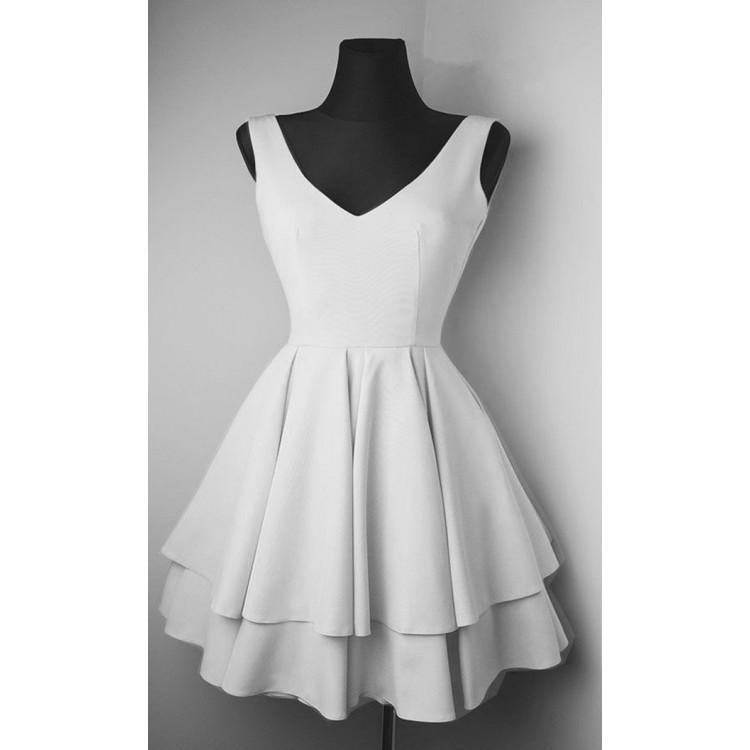 Vestidos sencillos de satén con escote en V para fiestas de bienvenida, vestidos cortos de graduación PD084