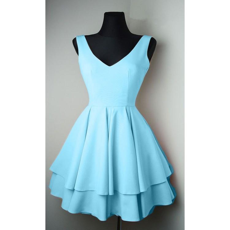 Vestidos sencillos de satén con escote en V para fiestas de bienvenida, vestidos cortos de graduación PD084