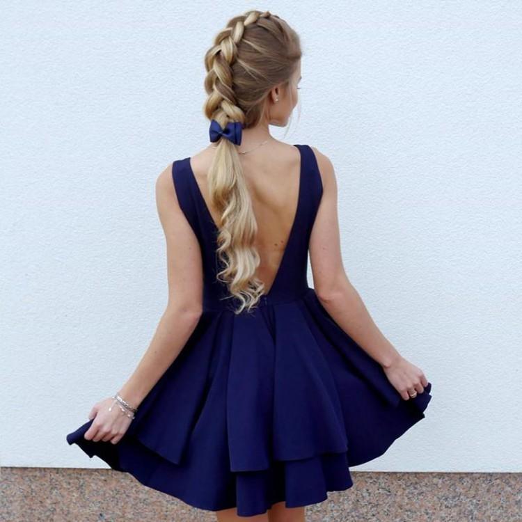 Vestidos sencillos de satén con escote en V para fiestas de bienvenida, vestidos cortos de graduación PD084