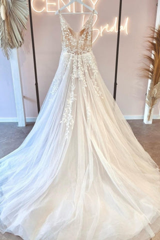 Robes de mariée simples en dentelle, col en V, sans manches et coupe trapèze