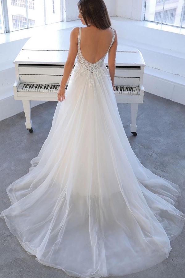 Robe de mariée blanche simple, longue, trapèze, col en V, en tulle et dentelle, dos nu