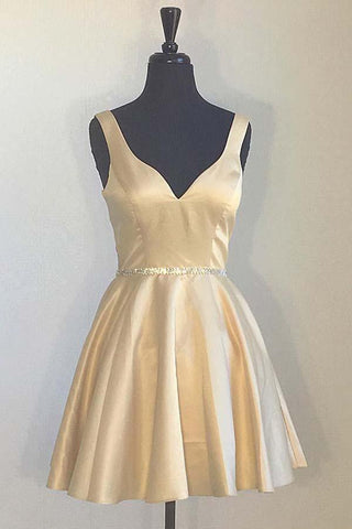 Robe de bal jaune simple à bretelles larges et col en V ornée de perles PD173