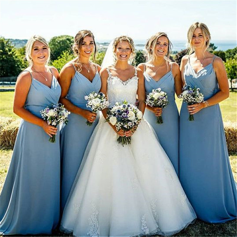Baoleely Simple V Neck Chiffon Navy Blue Bridesmaid Dresses Spaghetti Straps