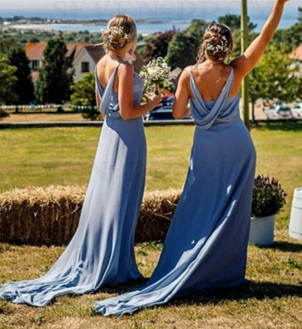 Baoleely Simple V Neck Chiffon Navy Blue Bridesmaid Dresses Spaghetti Straps
