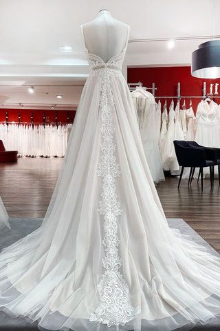Vestidos de novia sencillos, largos, de corte A, de tul y encaje con espalda descubierta