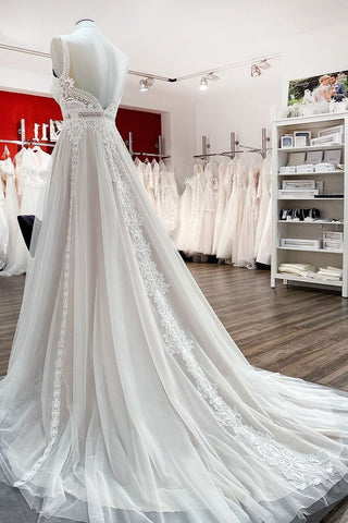 Vestidos de novia sencillos, largos, de corte A, de tul y encaje con espalda descubierta