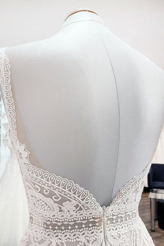 Vestidos de novia sencillos, largos, de corte A, de tul y encaje con espalda descubierta