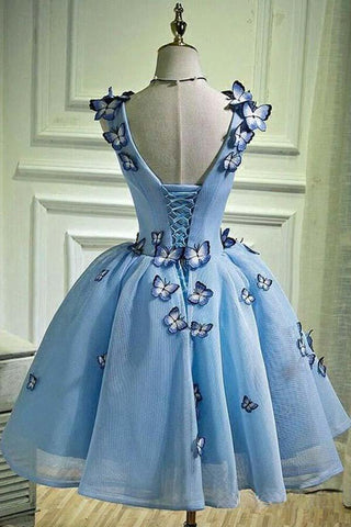 Vestido corto de fiesta azul cielo con aplique de mariposa PD282