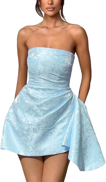Vestido corto de fiesta de bienvenida, sin tirantes, corte en A, de satén jacquard, asimétrico, con cordones.