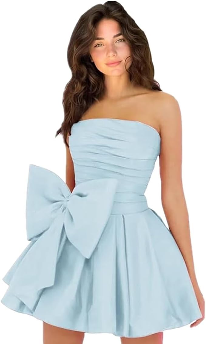 Robes de soirée courtes et chics pour le bal de promo, coupe trapèze, sans manches, bustier, froncées, lacées et ornées d'un nœud.