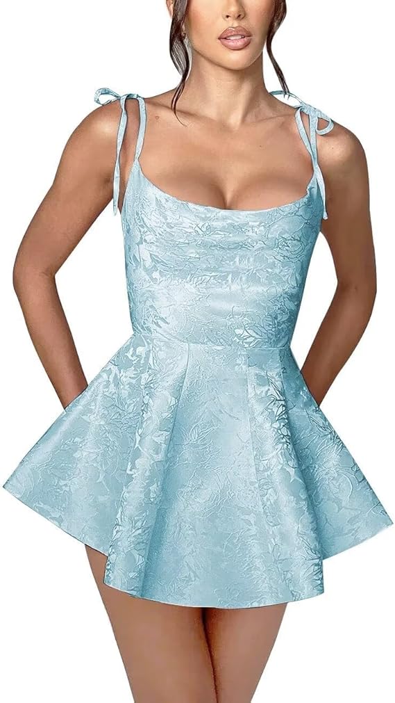 Vestido corto de fiesta de corte A con tirantes finos, de satén, sin mangas, estilo jacquard.
