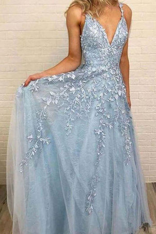 Sky Blue Lace Prom Dresses Sexy Deep V-Neck A Line Long Party Chic Floor Length Women Evening Gowns
