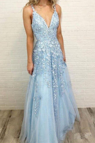 Sky Blue Lace Prom Dresses Sexy Deep V-Neck A Line Long Party Chic Floor Length Women Evening Gowns