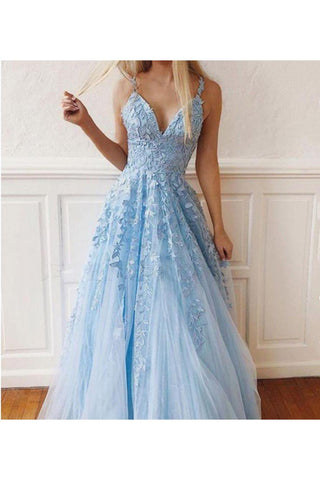 Sky Blue Lace Prom Dresses Sexy Deep V-Neck A Line Long Party Chic Floor Length Women Evening Gowns