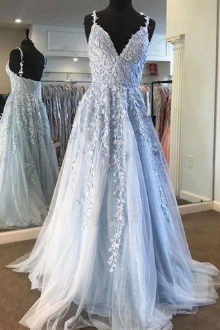 Sky Blue Lace Prom Dresses Sexy Deep V-Neck A Line Long Party Chic Floor Length Women Evening Gowns
