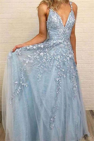 Sky Blue Lace Prom Dresses Sexy Deep V-Neck A Line Long Party Chic Floor Length Women Evening Gowns