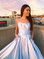 Vestidos de graduación formales de satén azul celeste, largos, de corte en A, con bolsillos