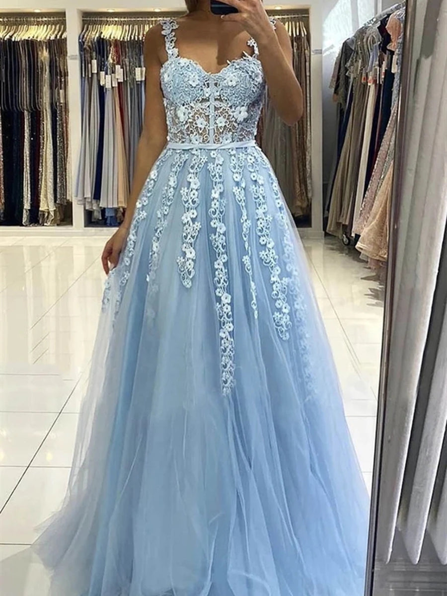 Vestidos de graduación largos de corte A, color azul celeste, con tirantes, tul, encaje floral y espalda descubierta.