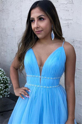 Sky Blue Spaghetti-Straps A-Line Tulle Sleeveless Formal Dresses