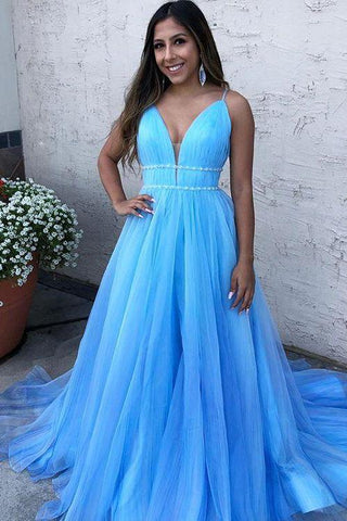 Sky Blue Spaghetti-Straps A-Line Tulle Sleeveless Formal Dresses