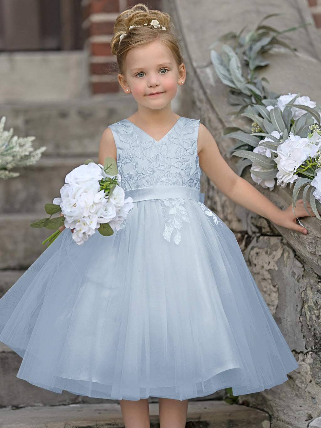 Vestido de niña de las flores sin mangas de tul y encaje hasta la rodilla 