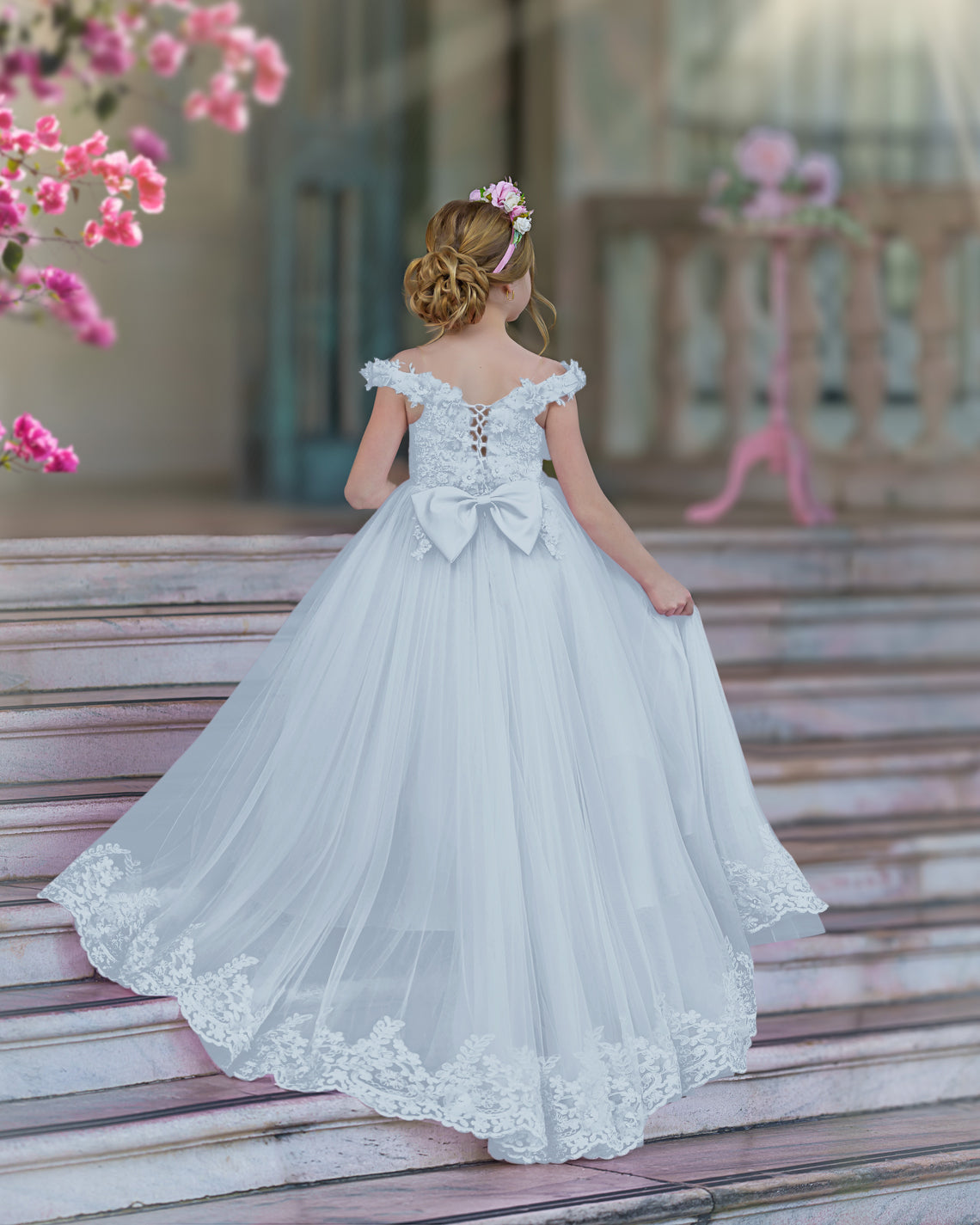 Vestido de gala/princesa rosa con cola de encaje para cumpleaños 