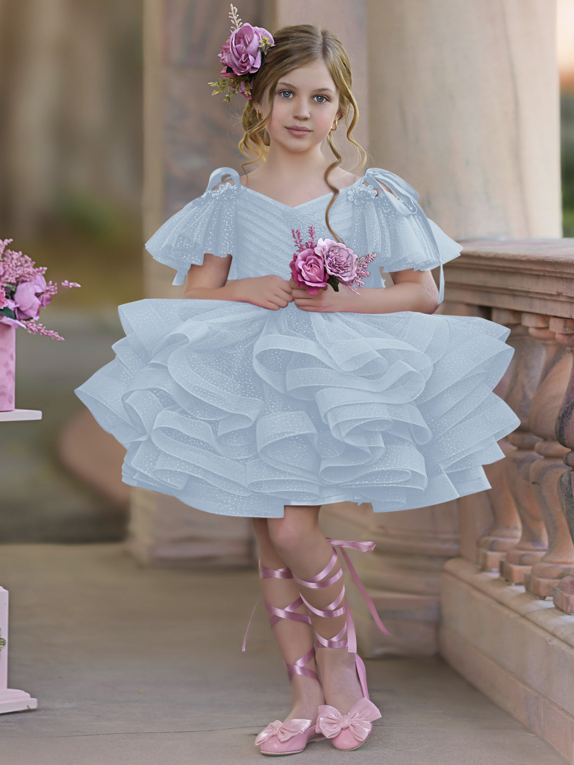 Vestido de princesa/vestido de tul hasta la rodilla para niña de las flores de cumpleaños