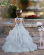 Vestido de niña de las flores de corte A, de satén y tul, hasta el suelo, con volantes en cascada. 