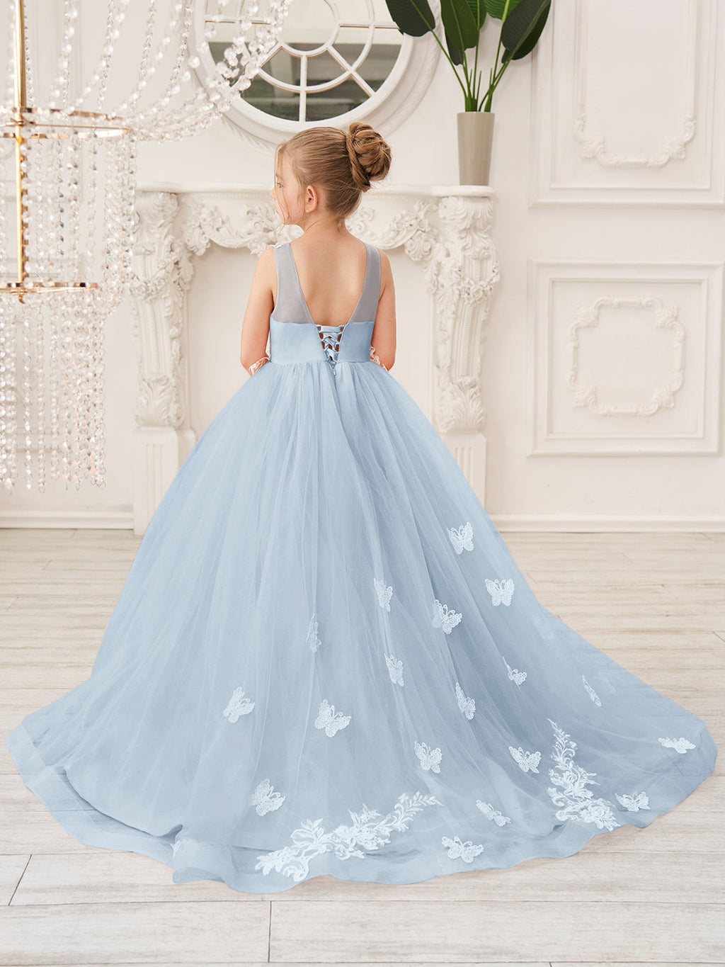 Elegante vestido de princesa sin mangas de tul para niña de las flores, corte en A 