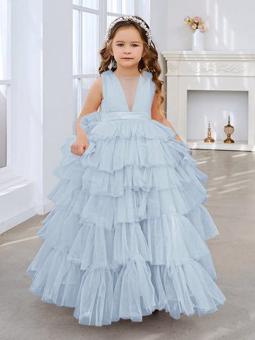 Robe de bal/robe de princesse rose perle sans manches en tulle avec nœud pour demoiselle d'honneur 