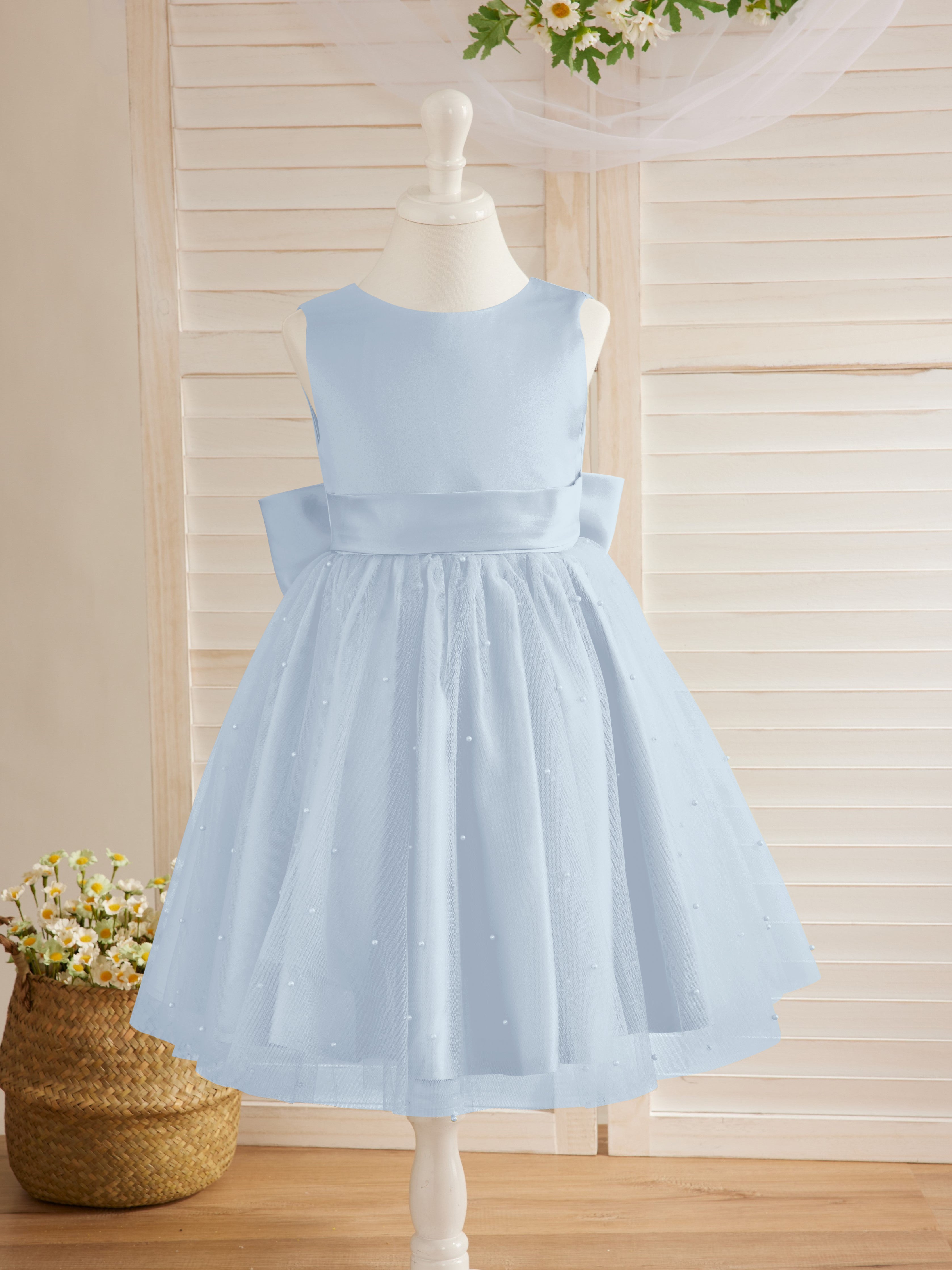Vestido de princesa/vestido de princesa de satén y tul hasta la rodilla para niña de las flores 