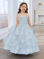 Vestido de niña de las flores de tul sin mangas, corte princesa, azul pizarra, corte en A, estilo princesa 