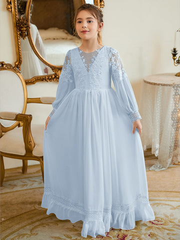 Vestido de Primera Comunión color marfil, corte en A, de gasa hasta el suelo 